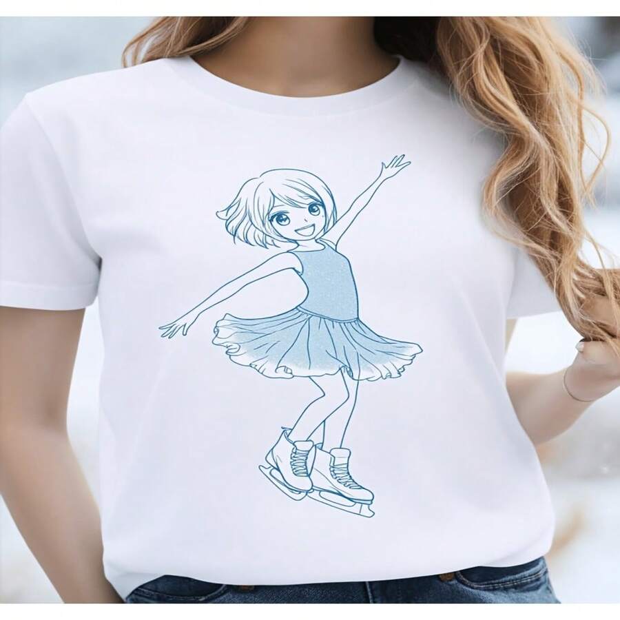 Camiseta de dibujos animados de bailarina de patinaje sobre hielo para mujer, Diseño deportivo casual de invierno para fans del patinaje artístico, blusas bonitas 2D para mujer, camiseta casual de mujer, Diseño holgado, ligeramente extendido S-XXXL - Blanco - Ver 1