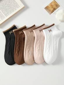 5 pares de calcetines de tobillo de moda con patrón de lazo vintage para mujeres, calcetines minimalistas suaves y transpirables, en blanco y negro, adecuados para uso casual diario, para todas las estaciones - Multicolor - Ver 6