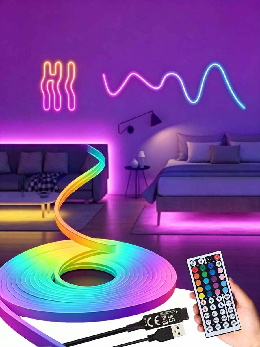 Tira de luz LED neón RGB de 44 teclas con control remoto + alimentada por USB - Cambio de color, regulable, con control remoto, apta para dormitorio, TV, resistente al agua, decoración de RV, decoración de fiesta, tira de luz neón flexible, DIY