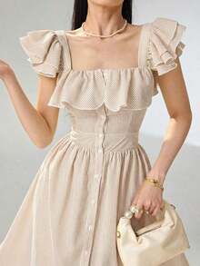 Vestido con cuello con volantes, abotonado, elegante y romántico para mujer - Caqui - Ver 5