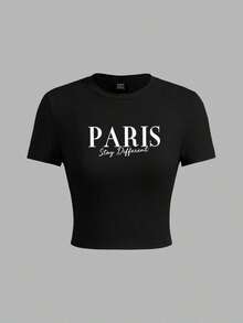 Set de 3 camisetas cortas de mujer de cuello redondo, manga corta y ajustadas con estampado minimalista casual y texto en inglés - Multicolor 3 - Ver 4