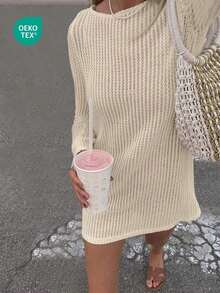 Vestido corto tipo capa de unicolor, informal, fresco, para vacaciones y playa, con adorno de encaje, de manga larga para mujer, para primavera/verano - Albaricoque - Ver 9