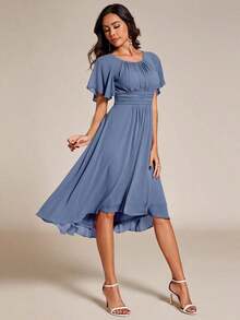 Vestido de dama de honor de gasa con pliegues y mangas con volantes, vestido de noche elegante para invitados de boda en primavera - Niebla azul - Ver 6