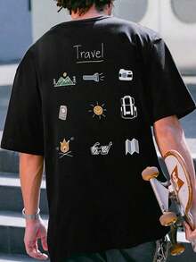Men's Clothing, Men's Short-Sleeved T-Shirt, Round Neck Design, 100% Cotton, Pattern Print, Slim Fit, Casual And Tailored T-Shirt Ideal For Summer, Gift For Local Men In Mexico - 黑色 - 查看 9