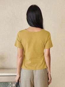 Camiseta de mujer con cuello polo de ajuste ceñido, estilo casual y holgado, ideal para primavera y verano, y para el Día de San Valentín - Amarillo - Ver 2