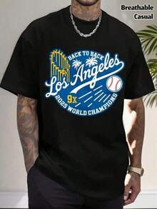 Camiseta Los Angeles 2025 9 Veces Campeones Mundiales |       Camiseta de cuello redondo para fanáticos de los Dodgers, ropa casual transpirable, regalo ideal para fanáticos de los Dodgers y entusiastas del béisbol. - Negro - Ver 6