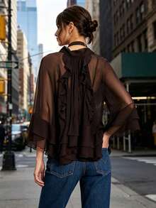 Women's Sheer Ruffled Cape Tops Fashionable Solid Color Mock Neck Long Sleeve Blouse - Brown - View 7