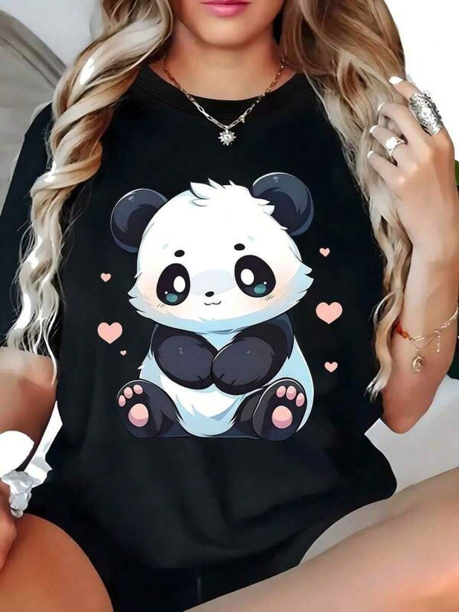 100% Algodón Premium 180g . ¡Oferta Especial! Playera. Camiseta de moda con diseño de panda encantador para mujeres, ideal para casual y diario, en colores negro y blanco, prendas de vestir populares,  inesperada Camiseta Streetwear Unisex Ideal para Conciertos y Regalo - Negro - Ver 1