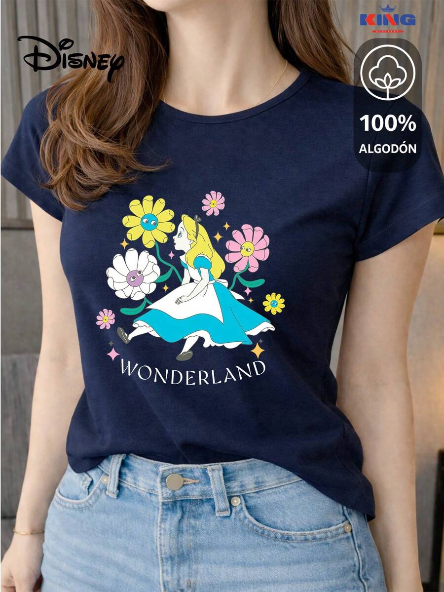 Women's T-Shirt Made Of 100% High-Quality Cotton. This T-Shirt Guarantees Exceptional Softness To The Touch, With A Round Neck, "Disney Alice In Wonderland Flowers" Print, And Short Sleeves. - 藏蓝色 - 查看 1