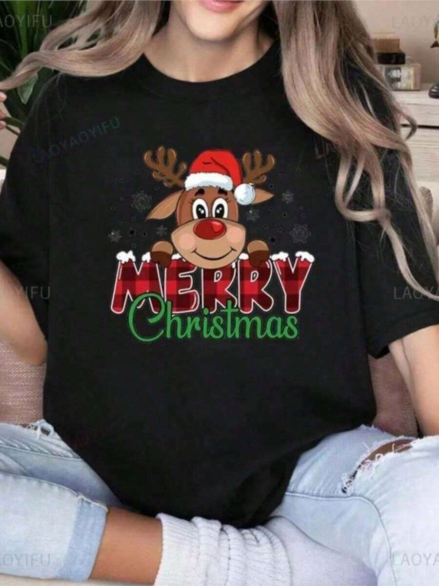 Camiseta de Mujer con Gráficos de Alce de Feliz Navidad, Camisetas Navideñas Bonitas y Divertidas, Tops Navideños Retro, Camiseta Cómoda de Algodón Puro para Mujer - Negro - Ver 1