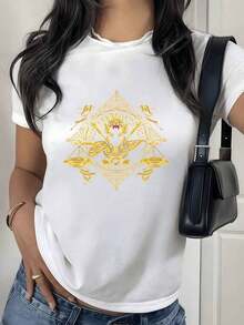 100% Cotton. Golden Symbol Inspired By Zodiac Energy With Scorpion And Wings Representing Mysterious Power And Spiritual Protection. Women's 100% Cotton T-Shirt. Women's Simple Solid Color T-Shirt, Loose And Slim Fit Casual Short Sleeve - 白色的 - 查看 1