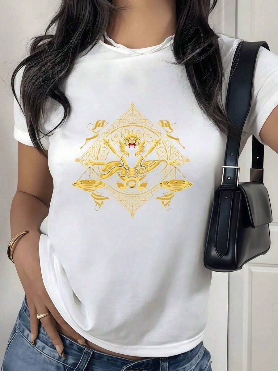 100% Cotton. Golden Symbol Inspired By Zodiac Energy With Scorpion And Wings Representing Mysterious Power And Spiritual Protection. Women's 100% Cotton T-Shirt. Women's Simple Solid Color T-Shirt, Loose And Slim Fit Casual Short Sleeve - 白色的 - 查看 1