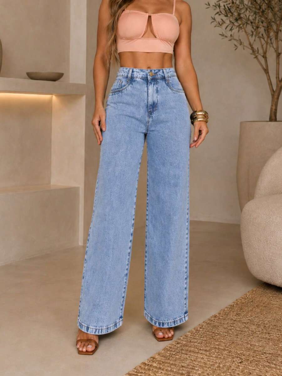 Women's Wide Leg Jeans, Straight Fit, Elegant, Thick Denim, No Elastane, Premium - Rửa trung bình - Xem 1