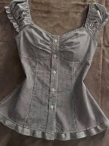 Blusa de mujer con volantes y rayas de solapa única - Blanco y Negro - Ver 5