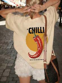 Short-Sleeved T-Shirt With A Round Neck And Slogan Print, Casual Summer Style For Women, Fashionable Clothing For Everyday Wear And Vacations, Unisex Urban Vintage Style T-Shirt, Short-Sleeved Cotton Blouse With A Round Neck For Women. Blouses. Casual Blouses For Ladies. - 杏色 - 查看 1