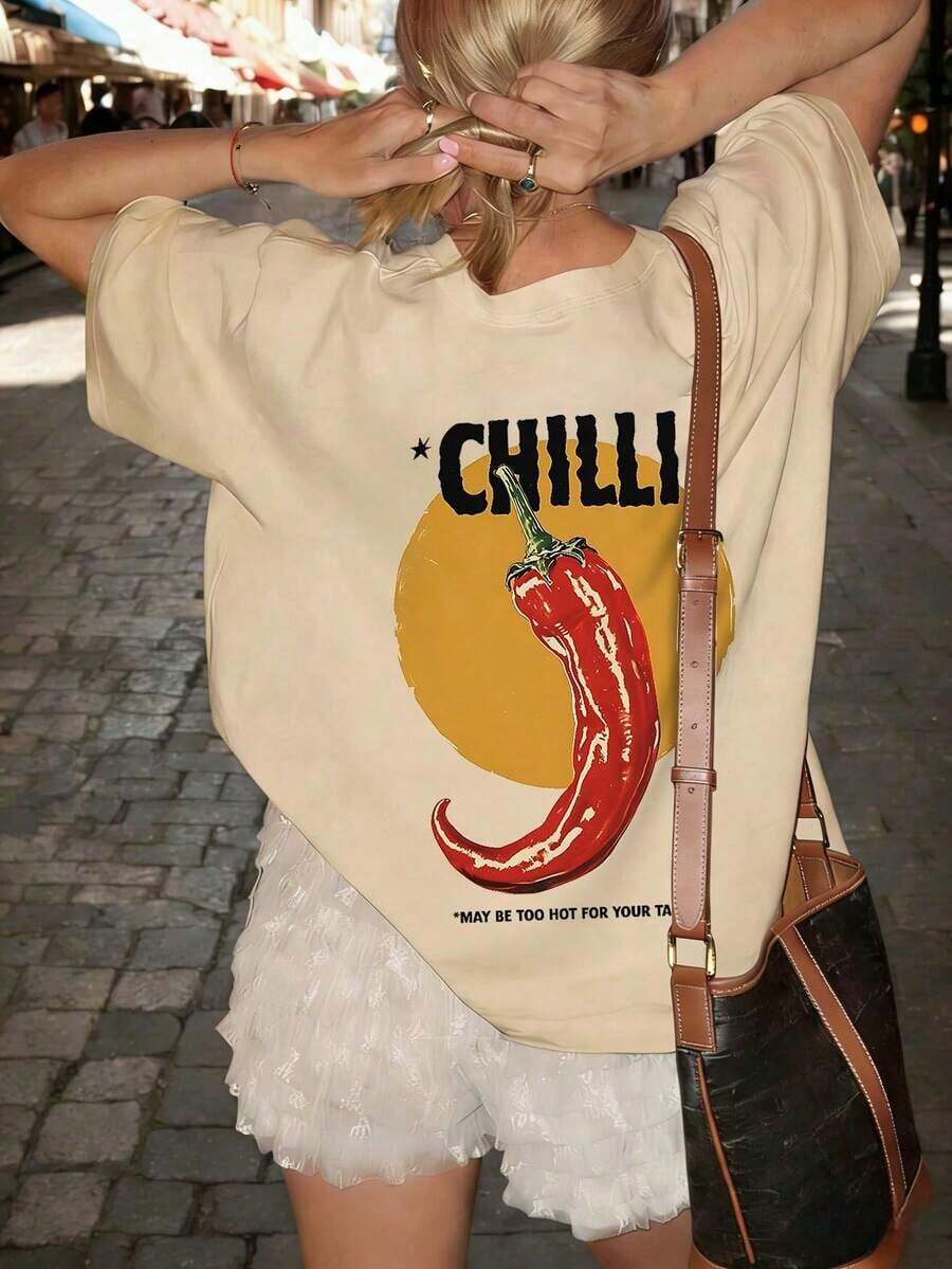 Short-Sleeved T-Shirt With A Round Neck And Slogan Print, Casual Summer Style For Women, Fashionable Clothing For Everyday Wear And Vacations, Unisex Urban Vintage Style T-Shirt, Short-Sleeved Cotton Blouse With A Round Neck For Women. Blouses. Casual Blouses For Ladies. - 杏色 - 查看 1