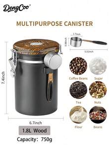 Dengcoo 1個 1.2L/1.5L/1.8L 咖啡密封罐，不鏽鋼氣密食品儲存容器，附日期追蹤器與量勺，適用於咖啡粉、咖啡豆、茶葉、糖、麵粉、穀物 - 黑色 - 查看 2