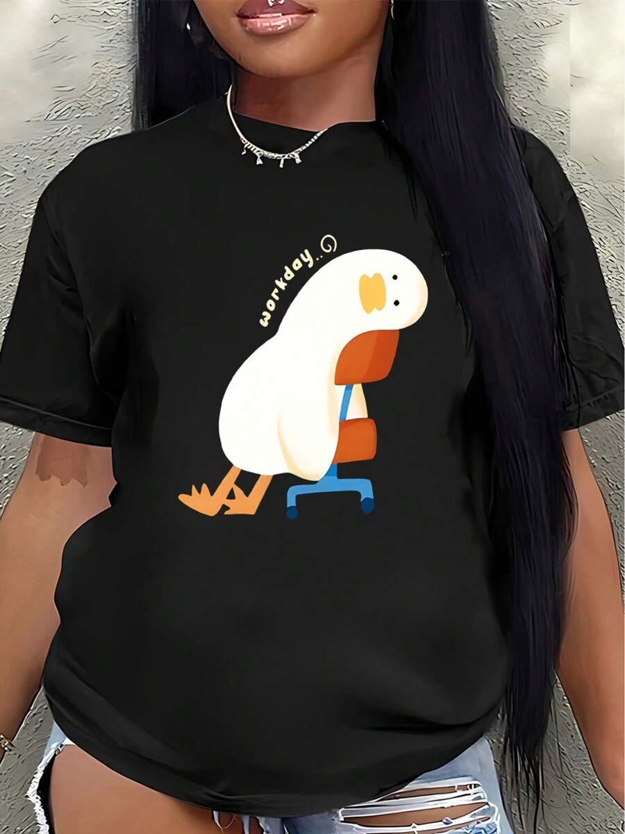 Lightweight And Durable Short-Sleeved T-Shirt, Designed With A Fun Duck Print, Perfect For Home, Work, Or Casual Outings To Restaurants, Offering A Comfortable Feel With A Stylish Design. Women's Blouses > Clothing - 黑色 - 查看 1