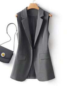 Chaleco blazer regular de mujer con parches a rayas y un solo botón, unicolor con bolsillo y botón, para uso en oficina en primavera - Gris - Ver 8
