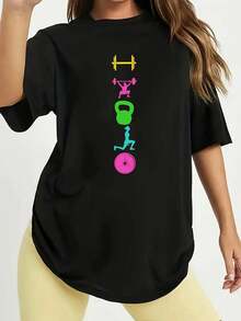 2026Camiseta Fitness Estampada Apilada Negra - Estilo Casual Sencillo, 100% Algodón Puro - Suave y Cómoda, Cuello Redondo Manga Corta, Top de Moda Urbana para Todas las Estaciones, Ropa Casual Urbana| Camiseta Cuello Redondo2026 - Negro - Ver 1