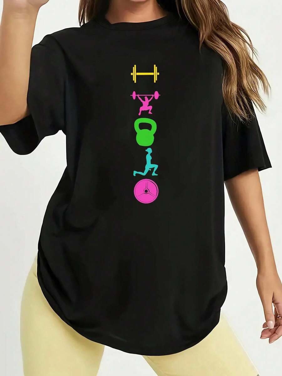 2026Camiseta Fitness Estampada Apilada Negra - Estilo Casual Sencillo, 100% Algodón Puro - Suave y Cómoda, Cuello Redondo Manga Corta, Top de Moda Urbana para Todas las Estaciones, Ropa Casual Urbana| Camiseta Cuello Redondo2026 - Negro - Ver 1