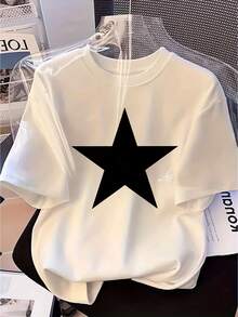 2026Camiseta de Manga Corta 100% Algodón para Mujer con Estampado de Estrella Negra - Cuello Redondo Casual para Primavera, Verano y Otoño, Lavable a Máquina, Moda Estacional, Cómoda y Elástica2026 - Blanco - Ver 10