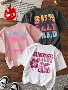 Conjunto de 3 camisetas de manga corta con cuello redondo para mujer, estampadas con letras coloridas, paisajes marinos, tortugas, cangrejos, conchas y medusas, versátiles para vacaciones y ocio, primavera.|Moda Urbana Local de Primavera/Verano||Uso Casual Diario Primavera Verano Moderno Moldeador|Conjunto de verano para mujer, ropa de vacaciones|Blusas elegantes para mujer, ropa de primavera, blusas de verano. - Negro - Ver 1