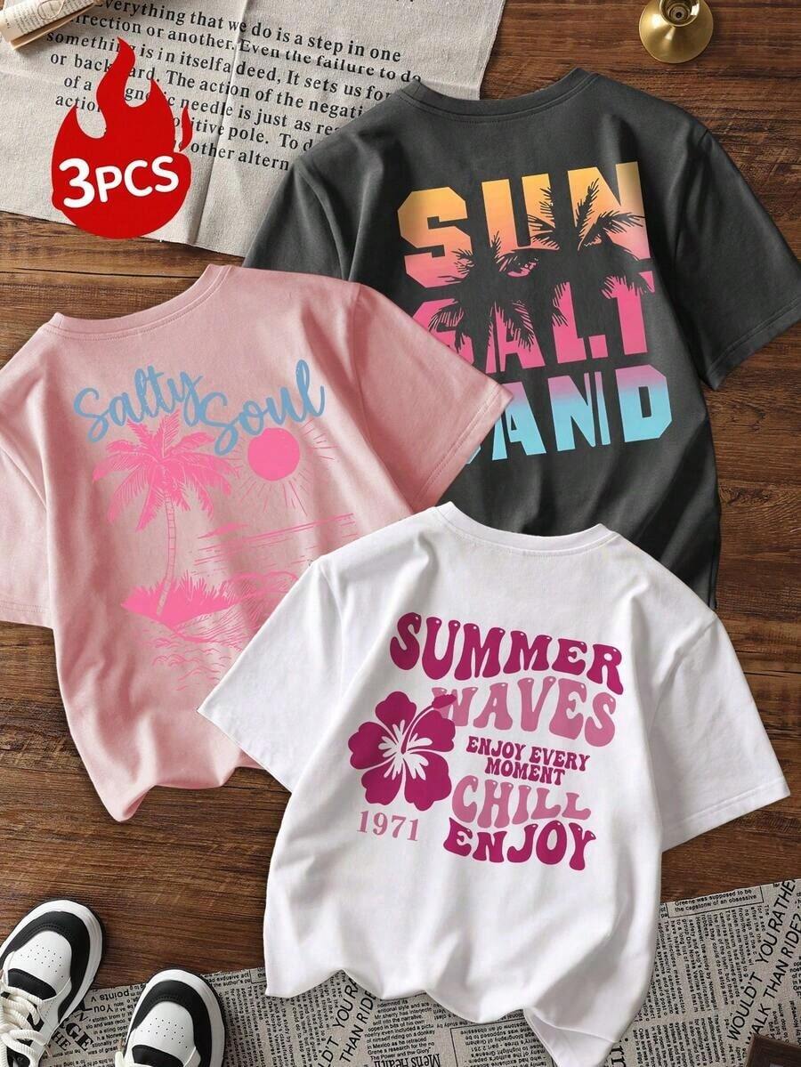 Conjunto de 3 camisetas de manga corta con cuello redondo para mujer, estampadas con letras coloridas, paisajes marinos, tortugas, cangrejos, conchas y medusas, versátiles para vacaciones y ocio, primavera.|Moda Urbana Local de Primavera/Verano||Uso Casual Diario Primavera Verano Moderno Moldeador|Conjunto de verano para mujer, ropa de vacaciones|Blusas elegantes para mujer, ropa de primavera, blusas de verano. - Negro - Ver 1