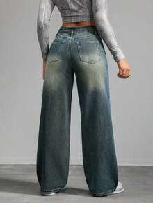 Tall Jeans casuales para mujer de talle bajo, corte recto, holgados, pantalones vaqueros azules para mujer de talla grande - Azul lavado medio - Ver 2
