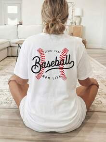 1 Piece [Double-Sided Print] Women's T-Shirt, Casual Short-Sleeved Round Neck Top, With Baseball-Style Stitching And The Print "LIVIN' THAT MOM LIFE", Machine Washable, Suitable For Casual Wear, Multi-Purpose Clothing, Fashionable And  T-Shirt, Comfortable Material, 100% Cotton For Style Enthusiasts. - 白色 - 查看 3