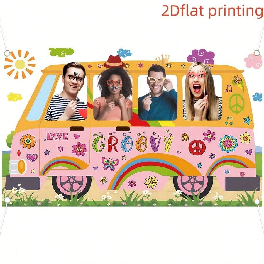 1pc 2D Hollow Design Vintage Hippie Bus Background Banner, Featuring Vibrant Colorful Graffiti Elements Like Rainbow, Flowers, Hearts, Butterflies, Peace Signs, Music Notes, Exuding A Retro Playful And Free Spirit Vibe. Made Of Polyester Fiber Material, Suitable For Children's Birthday Parties, Retro Themed Gatherings, Holiday Decorations, And Home Parties. - A - View 1