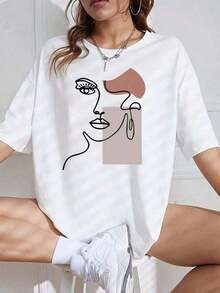 Women's Summer T-Shirt, Casual Style, Loose And Oversized Fit, With Circular Line And Color Block Print. Women's Summer Clothing: Retro Style Printed T-Shirts, Perfect For Graduation Season, Party Days, And June Festivals. Free Shipping. Fashion - 白色 - 查看 1