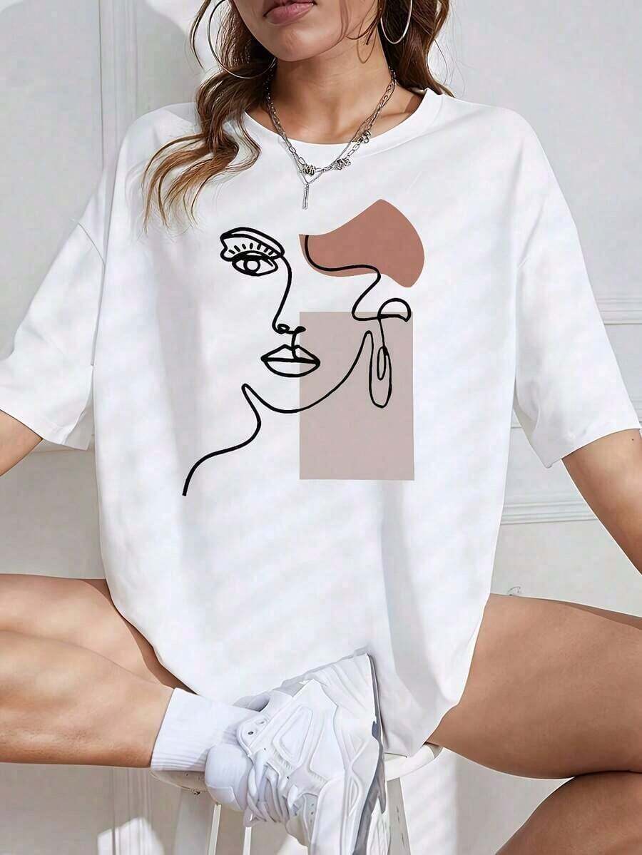 Women's Summer T-Shirt, Casual Style, Loose And Oversized Fit, With Circular Line And Color Block Print. Women's Summer Clothing: Retro Style Printed T-Shirts, Perfect For Graduation Season, Party Days, And June Festivals. Free Shipping. Fashion - 白色 - 查看 1