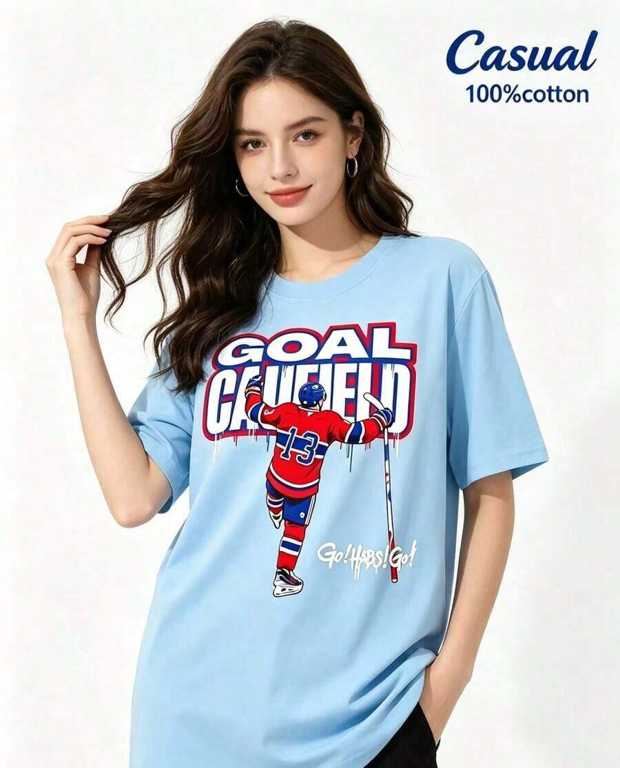 Cole Field Goal Caufield Go Habs Go Women's Modern Cut Printed T-Shirt, Soft Casual Sportswear For Men And Women, 100% Cotton - 淺藍色 - 查看 1