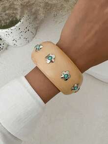 1pc Rustic Style Geometric Exaggerated Inlaid Faux Turquoise Flower Charm Jewelry Wooden Cuff Bracelet, Luxurious & Elegant, Suitable For Wedding, Banquet, Vacation, Party, Daily Casual, Street Style, Women, Couples, Holiday, Birthday, Versatile Gift - Bracelet - View 13
