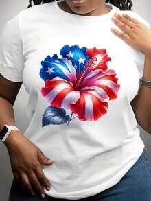 Women's T-Shirt With A Patriotic Floral Design In The Colors Of The American Flag, Perfect For Independence Day Celebrations And National Events. Casual Wear For Everyday Activities. Crew Neck Style, Modern And Versatile. Machine Washable. Suitable For All Seasons. - 白色 - 查看 1