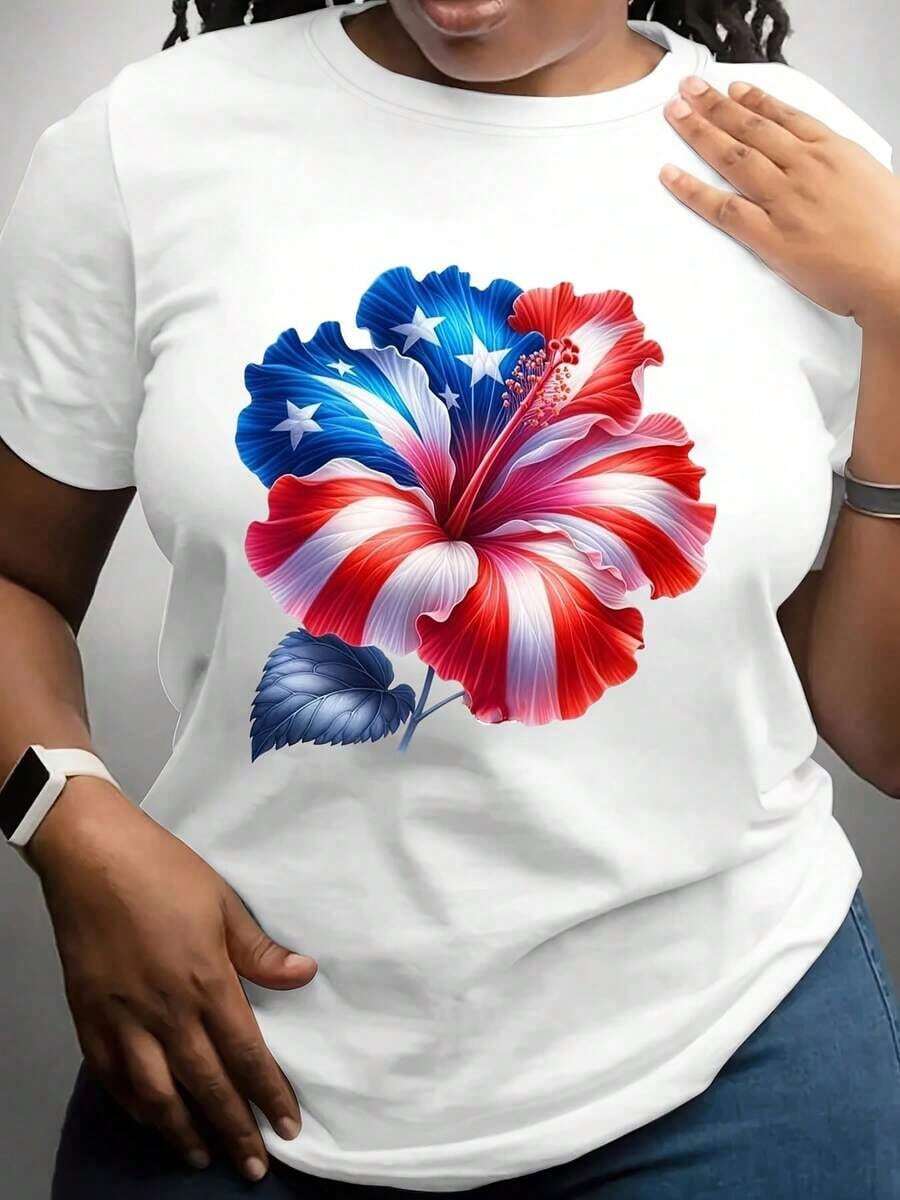 Women's T-Shirt With A Patriotic Floral Design In The Colors Of The American Flag, Perfect For Independence Day Celebrations And National Events. Casual Wear For Everyday Activities. Crew Neck Style, Modern And Versatile. Machine Washable. Suitable For All Seasons. - 白色 - 查看 1
