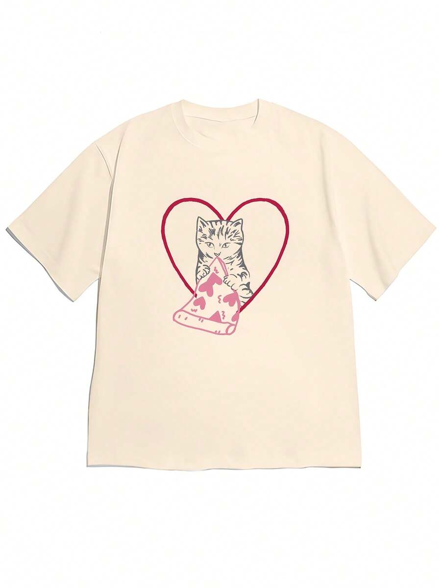 Women's Loose-Fitting Short-Sleeved T-Shirt, Premium Minimalist Style, New Spring/Summer Collection, With A "Cat In Love Holding A Heart" Print, Soft And Adorable Elements That Convey Joy, Comfortable And Skin-Friendly, Ideal For Everyday Casual Outings For Cat Lovers, . - 杏色 - 查看 1