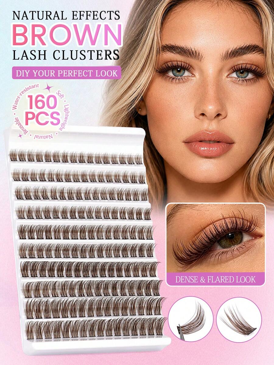 MAANGE 160pcs Brown Cluster Eyelashes, Soft & Charming Fluffy, Multi-Length Cluster, Suitable For Beginners Eye Makeup, Cluster Eyelashes, Individual Lashes, False Eyelashes - D - View 1