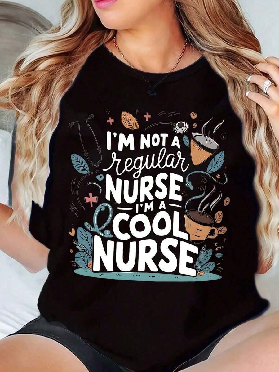 Camiseta de Mujer con Estampado Gráfico 'No Soy una Enfermera Normal, Soy una Enfermera Genial' con Diseño de Estetoscopio y Café, Ropa Casual para Enfermeras, 220g Adecuado como regalo. playera de mujer. blusas>elegantes. boho chic,Top de mujer suave, transpirable y cómodo, ideal para primavera, verano y otoño, perfecto para vacaciones, viajes y uso diario. - Negro - Ver 1