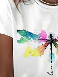Nueva Camiseta Casual de Moda, Camiseta de Manga Corta con Cuello Redondo y Estampado de Libélula 3D para Mujer, Camiseta de Algodón, Regalo Ideal - Blanco - Ver 6