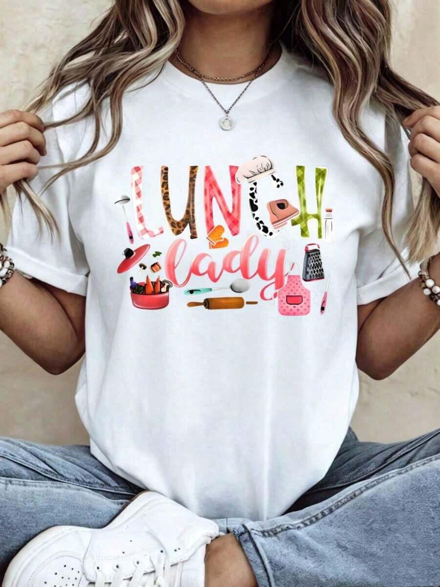 Lunch Lady Women's T-Shirt With Kitchen Utensil Print, Short Sleeve, Round Neck, Casual Style. - Putih - View 1