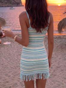 FOR BEAUTY Vestido Cami Multicolor Y2K para Mujer con Estampado de Estrella de Mar y Bajo con Flecos, Sexy Espalda Descubierta para Fiesta de Playa o Vacaciones en Resort, Vestidos para Mujer - Multicolor - Ver 5