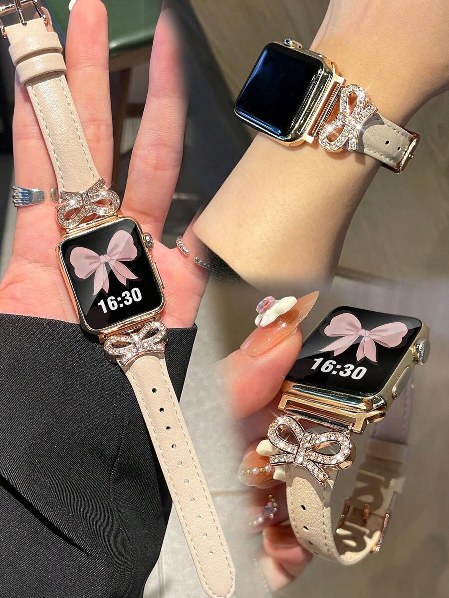 1件女款/男款玫瑰金鑲嵌立方鋯石金屬蝴蝶結與粉色皮革錶帶,相容於 38/40/41/42/44/45/46/49mm,相容於 Series 11/10/9/8/7/6/5/4/3/2/1/Ultra/SE,適用於腕圍 5.5 至 8 英寸,透氣材質全天舒適,時尚高端的智慧手錶配件 - 星光色玫瑰金扣 - 查看 1
