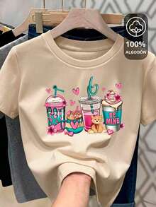 Camiseta gráfica de mujer de manga corta con estampado de dibujos animados, de uso casual en verano |   Diseño exquisito |   Suelto y cómodo |   Fácil de combinar | - Hueso - Ver 1