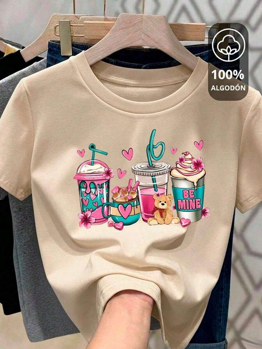 Camiseta gráfica de mujer de manga corta con estampado de dibujos animados, de uso casual en verano | Diseño exquisito | Suelto y cómodo | Fácil de combinar | - Hueso - Ver 1