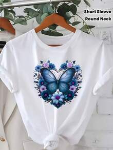 Short-Sleeved T-Shirt With Floral Heart And Blue Butterfly Print - Casual Round Neck Top, Fashionable Plus Size Women's Clothing, Machine Washable, 180g 100% Cotton. - 白色 - 查看 5
