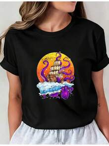 Camiseta Deportiva Casual para Mujer con Gráfico de Barco de Caricatura y Tentáculos - Camiseta Elástica de Cuello Redondo, Lavable aáquina, Ajuste Cómodo para Todas las Estaciones, Ropa Casual Femenina con Diseño Único y Divertido. - Negro - Ver 1