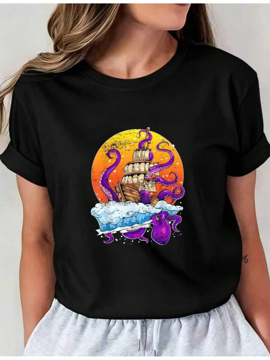 Camiseta Deportiva Casual para Mujer con Gráfico de Barco de Caricatura y Tentáculos - Camiseta Elástica de Cuello Redondo, Lavable aáquina, Ajuste Cómodo para Todas las Estaciones, Ropa Casual Femenina con Diseño Único y Divertido. - Negro - Ver 1