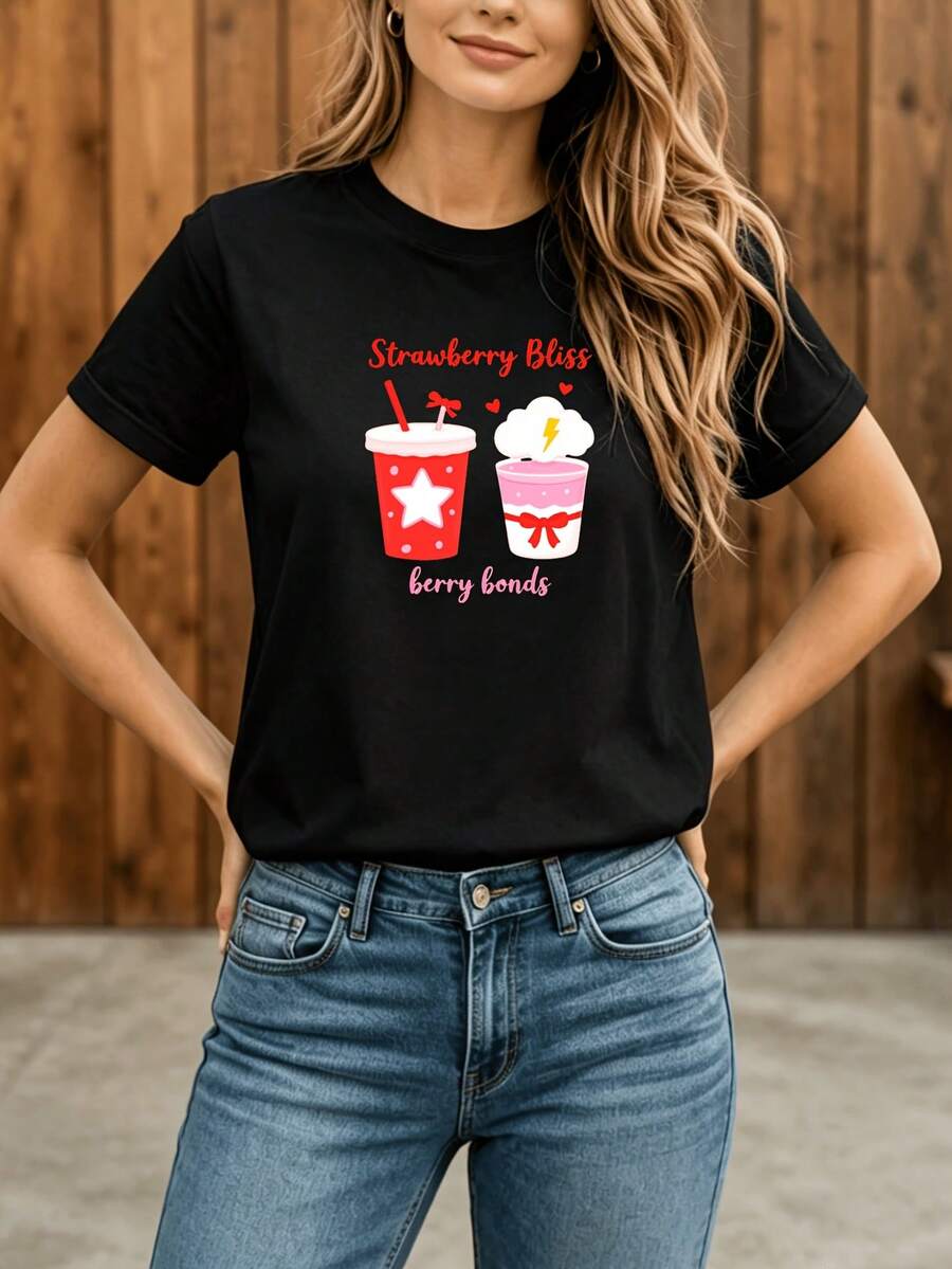 Camiseta Deportiva Casual para Mujer Strawberry --Shirt Negra Elástica y de Cuello Redondo, Lavable aáquina, Ajuste Cómodo para Todas las Estaciones, para un Look Fresco y Divertido. - Negro - Ver 1